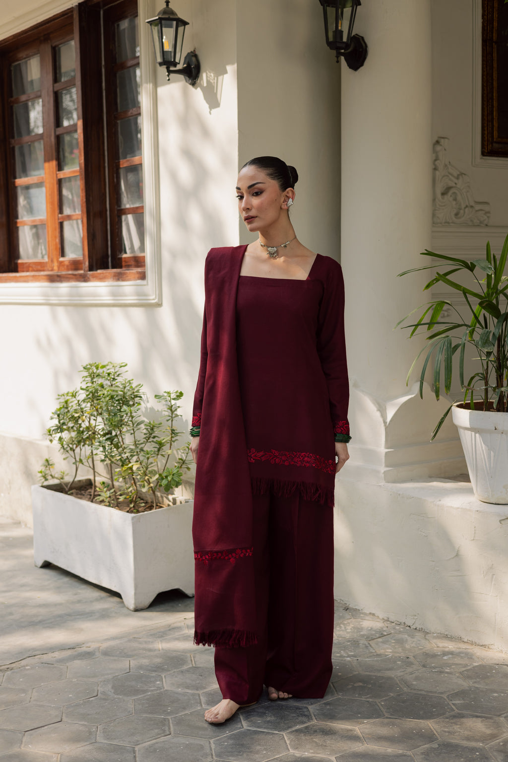 Maroon Marina Set With Dupatta