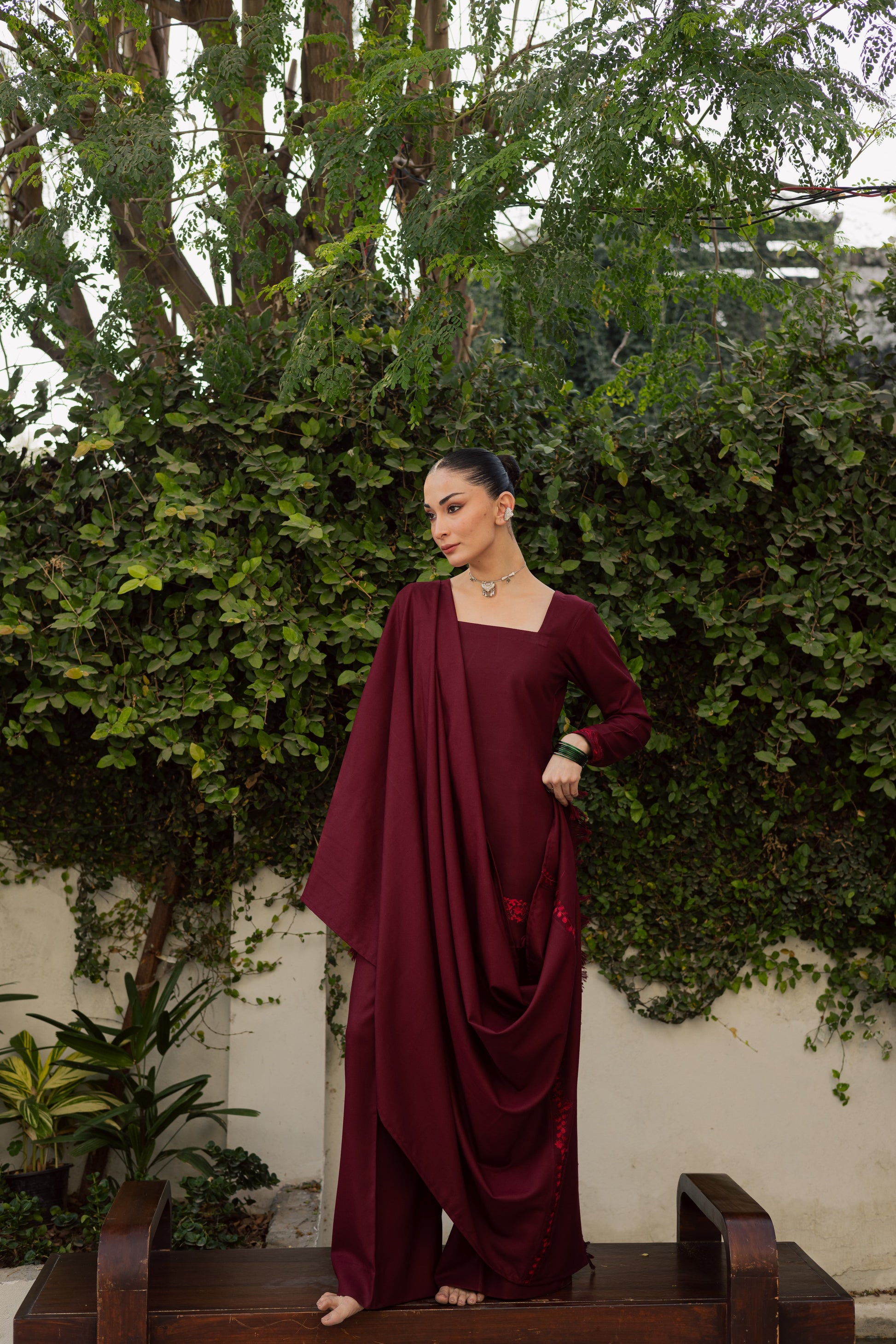 Maroon Marina Set With Dupatta