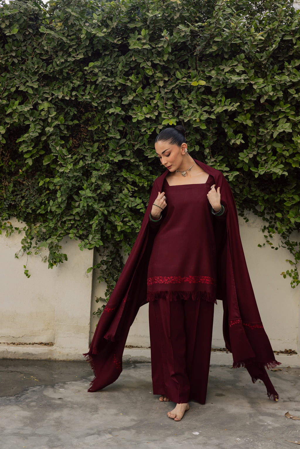 Maroon Marina Set With Dupatta