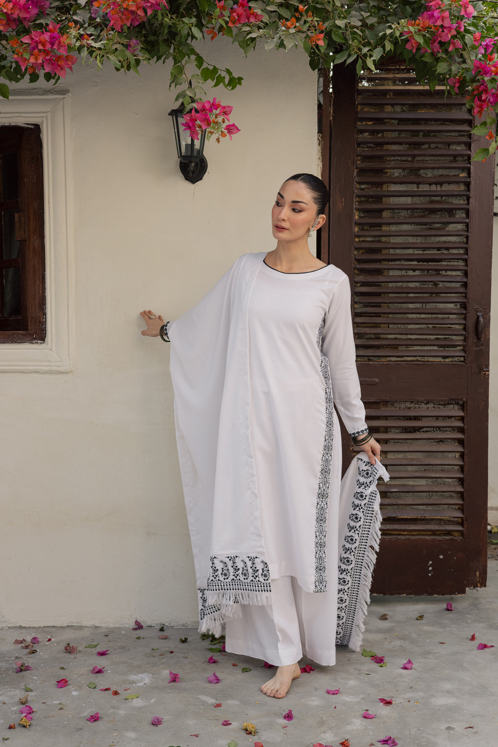 White Embroidered Marina Set With Dupatta