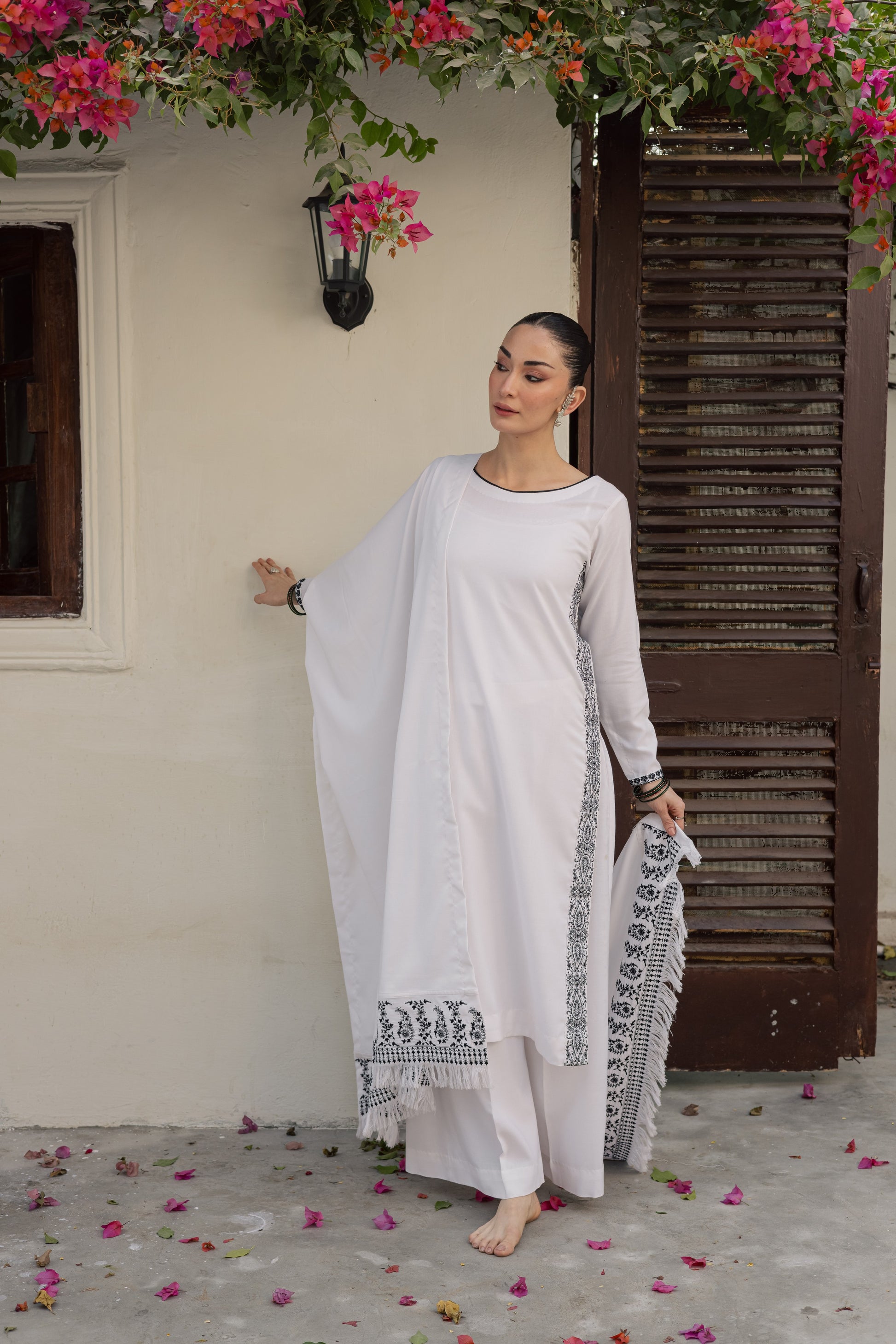 White Embroidered Marina Set With Dupatta