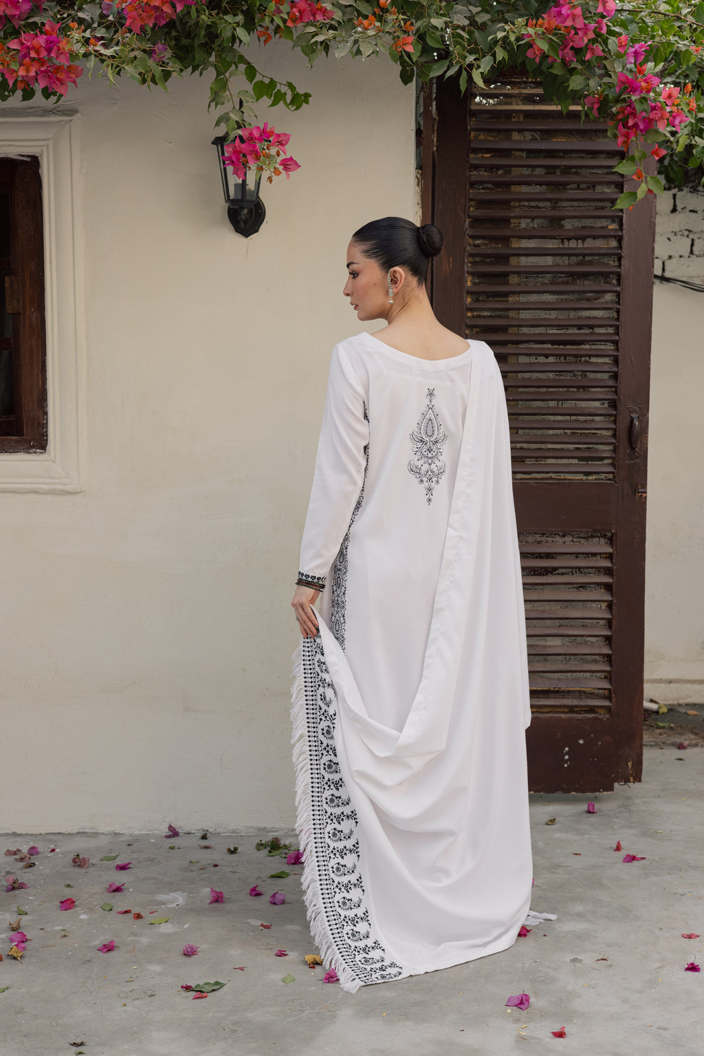 White Embroidered Marina Set With Dupatta
