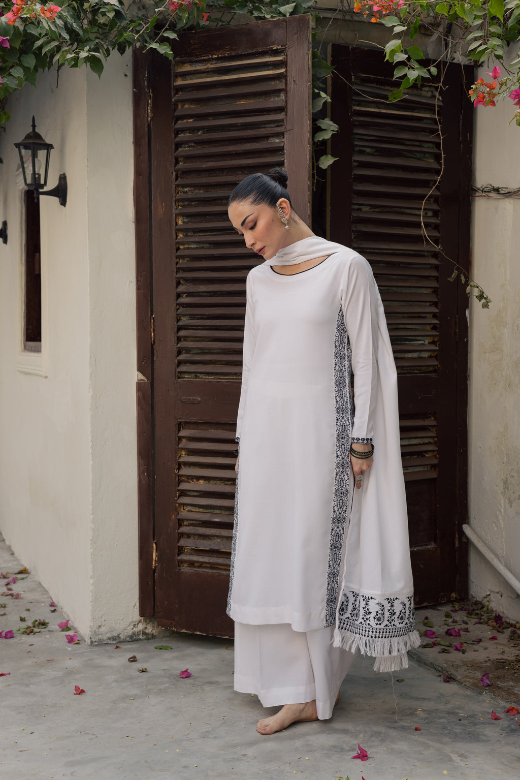 White Embroidered Marina Set With Dupatta