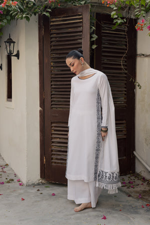 White Embroidered Marina Set With Dupatta