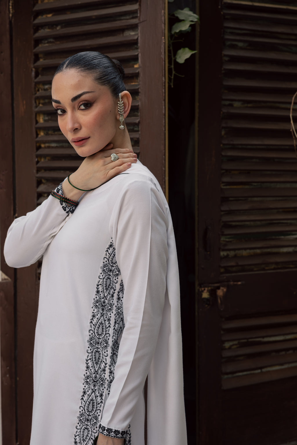 White Embroidered Marina Set With Dupatta