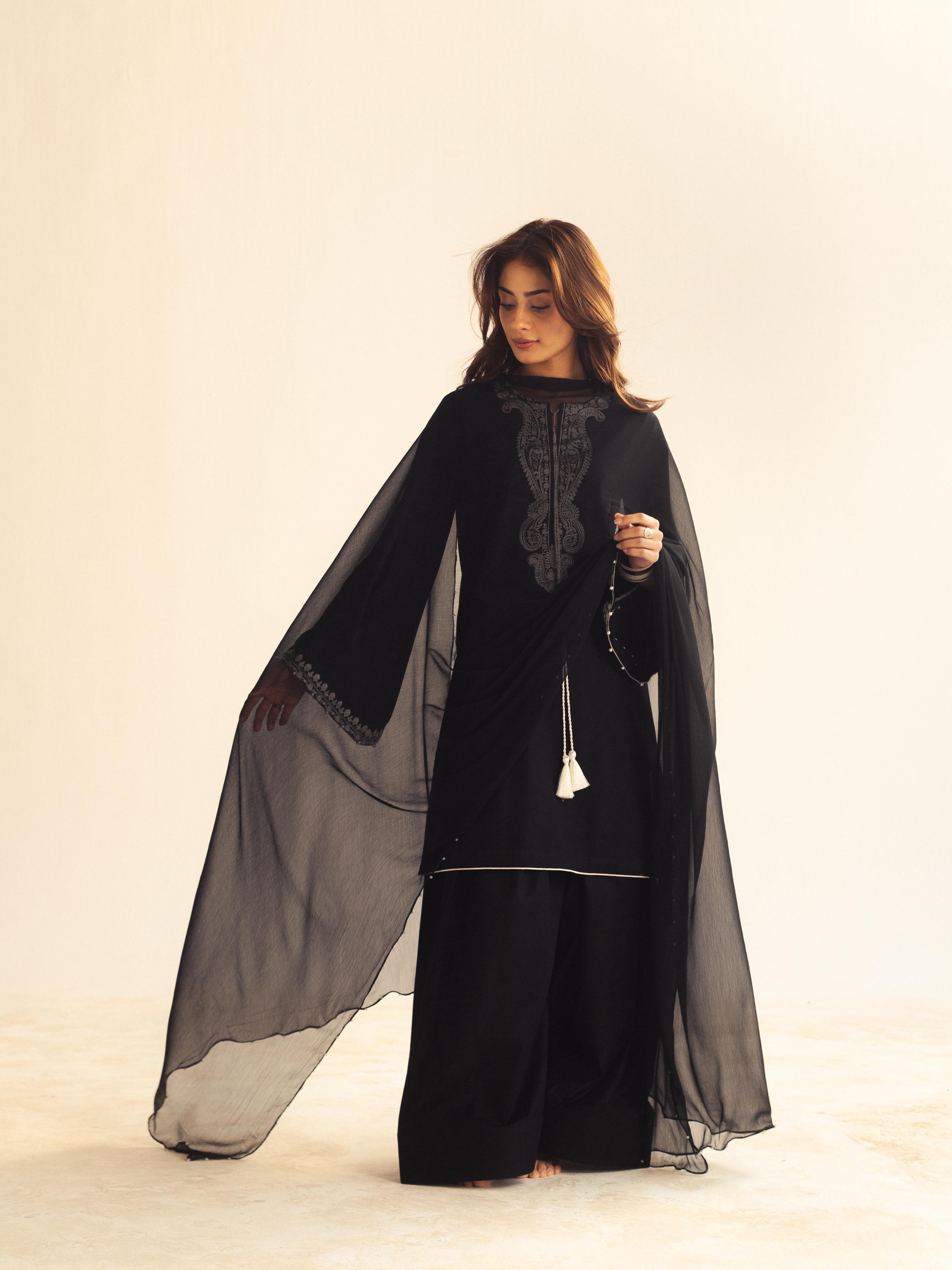 Black Embroidered Farshi Shalwar Set